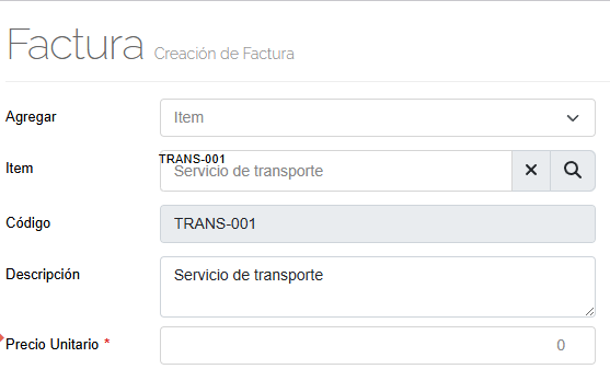 Item transporte en Factura