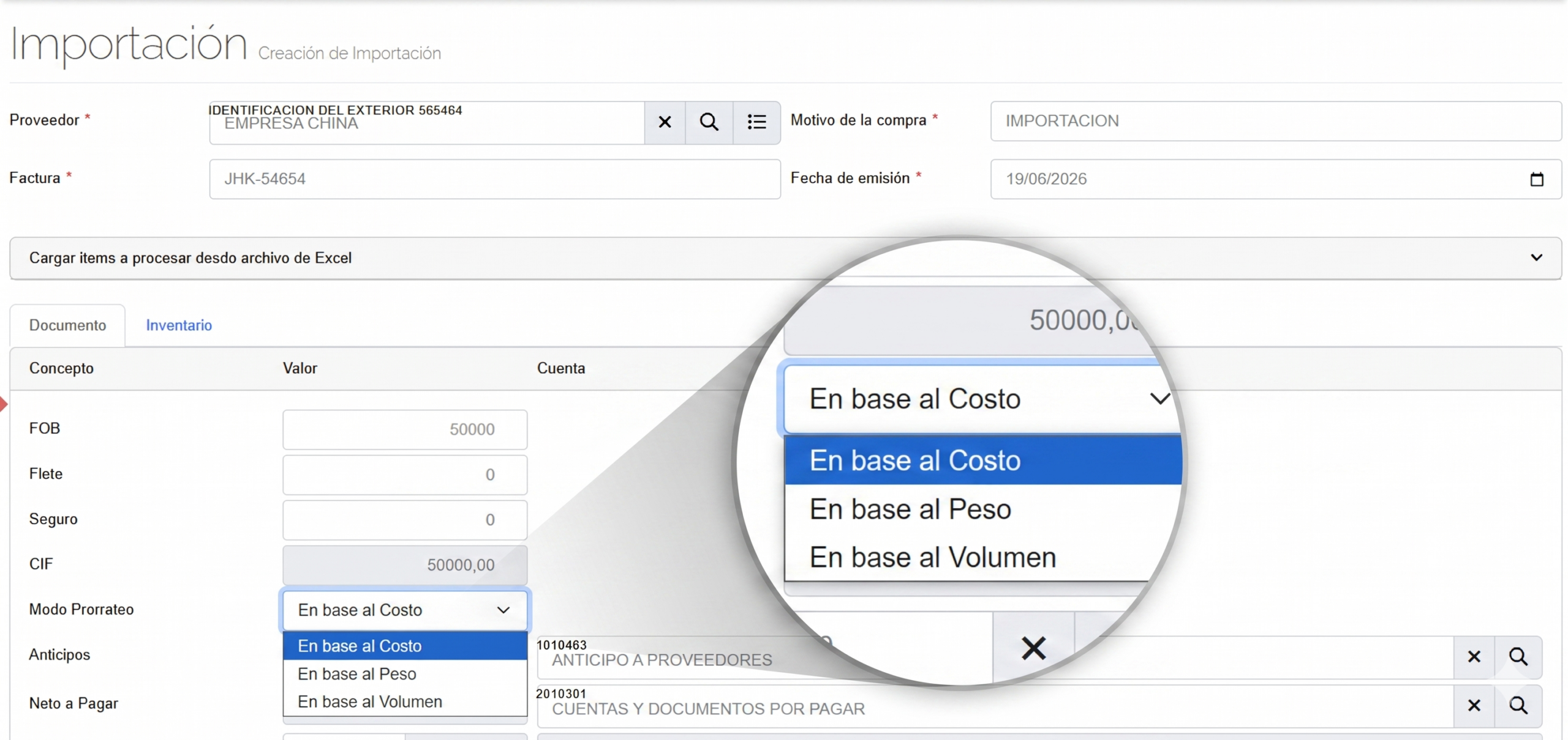 Interfaz de FastFact mostrando la liquidación automática de costos de importación en Ecuador