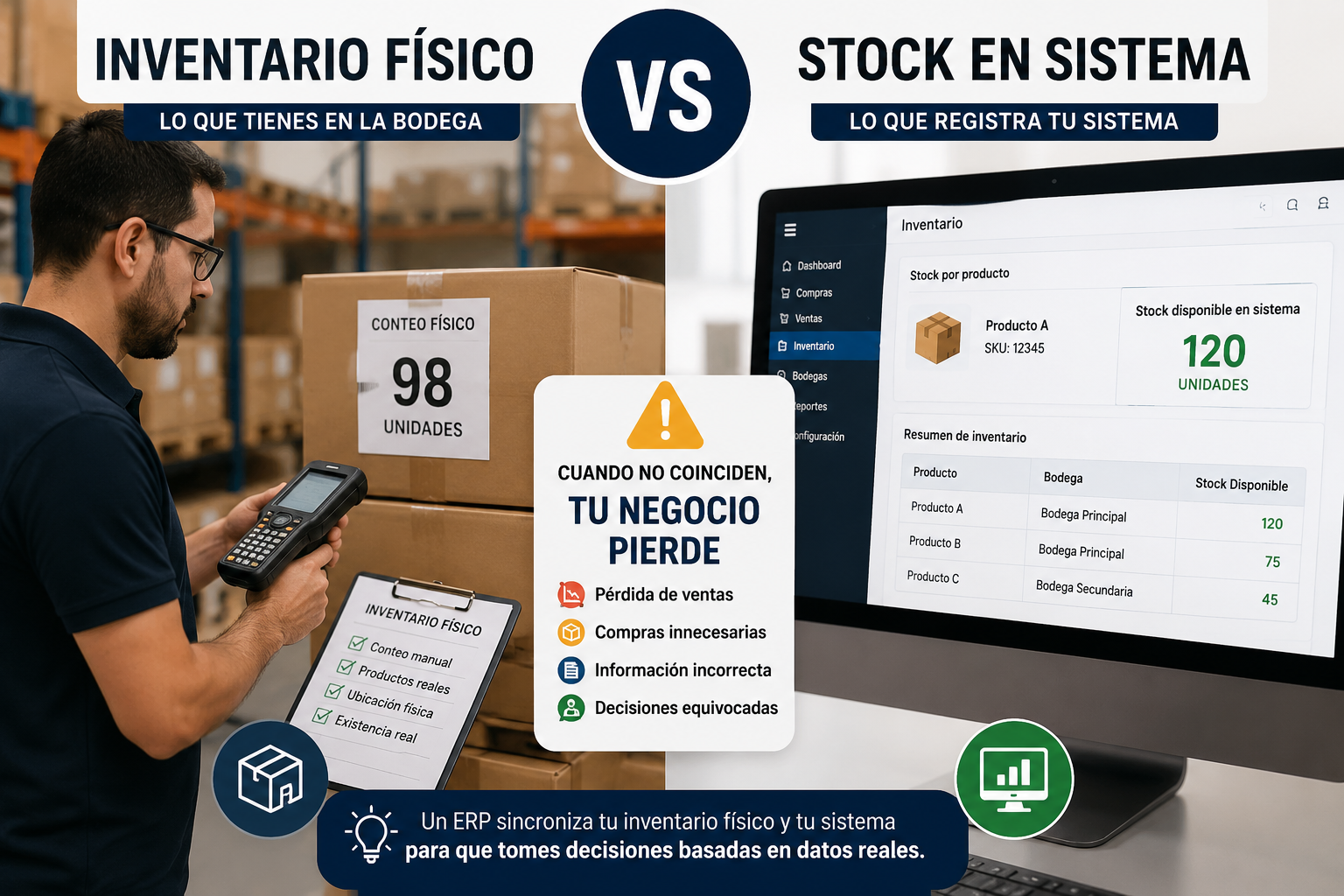 Comparación entre inventario físico y stock registrado en un sistema ERP